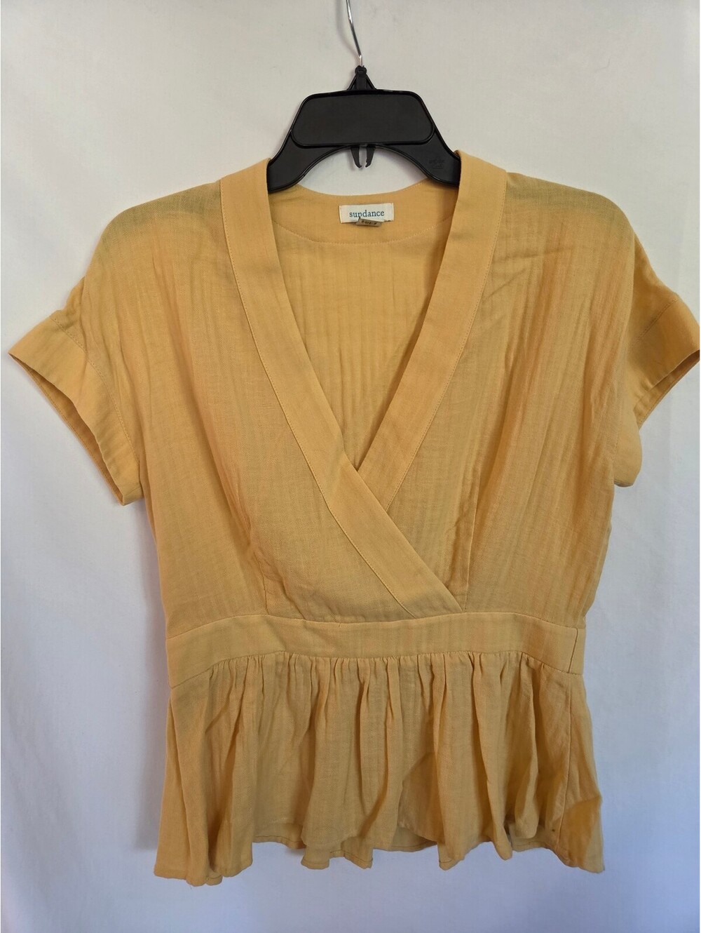 Sundance Womens Size Small Yellow Hepburn Faux Wrap Peplum Short Sleeve Top Tie